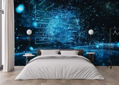 An imaginative depiction of data bursts or streams exploding from digital systems, representing the rapid advancement and flow of technology in the modern age. Wall mural