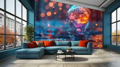 An imaginative light bulb with a brain inside, symbolizing innovative thinking, ideas, and creativity. The scene is vibrant with glowing lights and colors. Wall mural