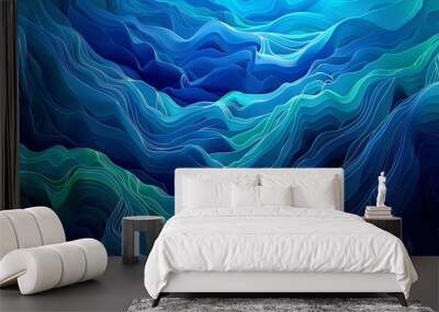 Artistic representation of layered lines in shades of blue creating a flowing abstract form Wall mural