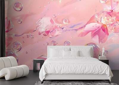 Delicate pink leaves and blossoms with sparkling bubbles and water splash in a dreamy pink backdrop Wall mural