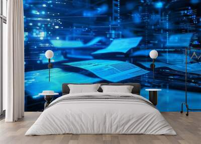 Digital documents float in a luminous blue cyber space background, featuring dynamic streams of flowing data and electronic components. Wall mural