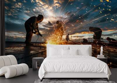 Industrial workers are captured welding with intense sparks flying, creating an abstract and dynamic wallpaper or background highlighting hard work as a potential best-seller theme Wall mural