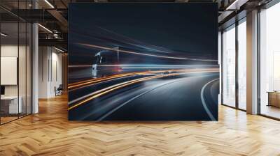 Light Streaks Shaped Like a Truck in Motion Over a Dark Background with Smooth Curved Lines in a Futuristic Style Wall mural