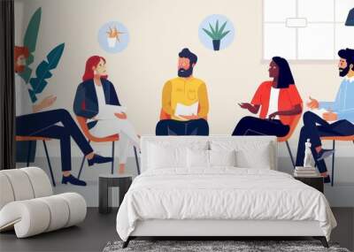 Six people sitting in a circle and engaging in conversation within an office space, highlighting teamwork, collaboration, and open communication in a modern work environment. Wall mural