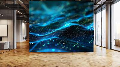 The image shows a captivating abstract representation of digital waves with glowing blue dots, portraying motion and depth in a mystical manner. Wall mural