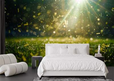 This abstract wallpaper showcases a background of sunlit grass with golden particles floating, resembling an enchanting best-seller illustration Wall mural