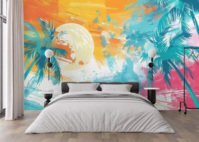 This image beautifully showcases a vibrant tropical beach scene with palm trees against a colorful abstract background, under a bright sun. Wall mural