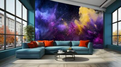 This image features an enthralling mix of purple and yellow smoke, creating intricate and enchanting shapes in an abstract setting. Wall mural