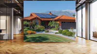 This image showcases a modern house with solar panels on its roof surrounded by a beautifully landscaped garden. Wall mural