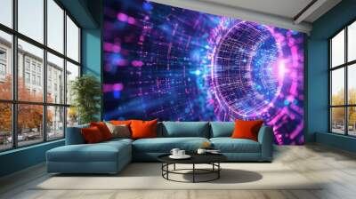 This image visualizes a digital portal with a tunnel effect, featuring vibrant pink and blue lights giving a cosmic and futuristic look. Wall mural