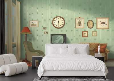 This retro, cartoon-style illustration of a living room delivers a nostalgic background, ideal as a wallpaper or abstract visual, appealing as a best-seller Wall mural