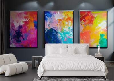 Three large abstract paintings with vibrant colors hung on a dark wall, providing a stunning background and wallpaper design Wall mural