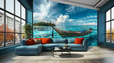 tranquil tropical scene with a wooden boat on pristine waters near a green island under a blue sky Wall mural