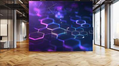 Vivid purple and blue hues dominate this digital background with hexagonal patterns symbolizing connectivity and digital networks Wall mural