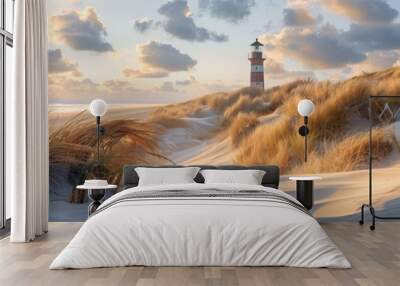 Warm golden sunset over a sandy beach with a lighthouse in the distance and dunes covered in grass Wall mural