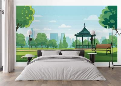 City park with bench and street lamps. Vector illustration in flat style
 Wall mural