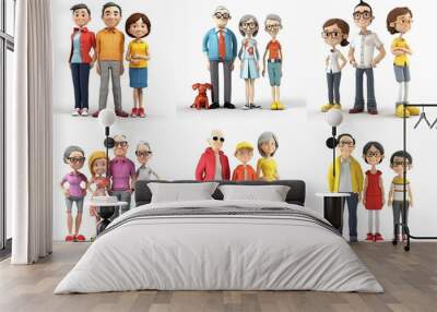 3D Families with Parents, Grandparents and Children in a Character Style on White - Created with Generative AI and Other Techniques Wall mural