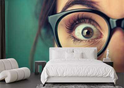 Close-Up Eye with Glasses and Intense Stare Against Turquoise Background â€“ Photograph Perfect for Vision and Eyewear Concepts Wall mural