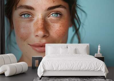 Close-Up Photograph of a Smiling Woman with Freckles and Clear Blue Eyes Against a Blue Background Wall mural