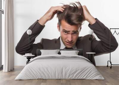 Confused Young Businessman Scratching Head in Suit on White Background Wall mural