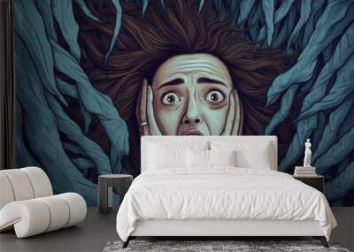 Frightened Woman Surrounded by Twisted Roots in Surreal Illustration Wall mural