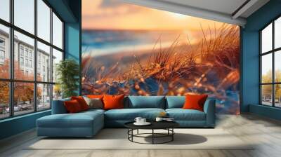 Golden Hour Sunset on Sandy Beach with Silky Grass and Ocean Background Wall mural