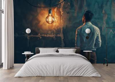 Reflective Man in Modern Industrial Setting with Edison Bulb Lighting, Concept of Contemplation and Innovation Wall mural