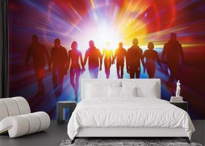 Silhouetted People Running Towards Bright Light Abstract Background Wall mural