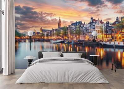 Stunning Sunlit Amsterdam Canal at Sunset with Historic Buildings and Boats Wall mural