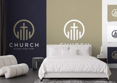 Line art church / christian logo design Premium Vector Wall mural