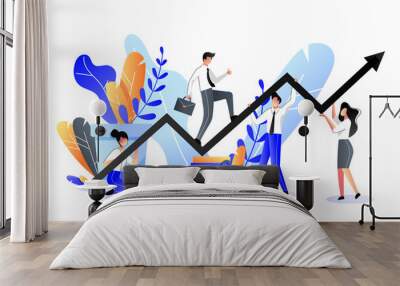 Business support and partnership concept. Vector trendy flat illustration. Businessman climbs on the growth graph Wall mural