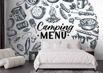 Camping picnic menu and outdoor cooking concept. Vector hand drawn sketch illustration of camp food isolated on white background. Grilled meal and snack banner, poster design template Wall mural