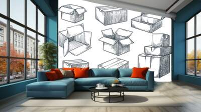 Cardboard boxes set. Closed and open empty postal packages collection. Vector hand drawn sketch illustration Wall mural