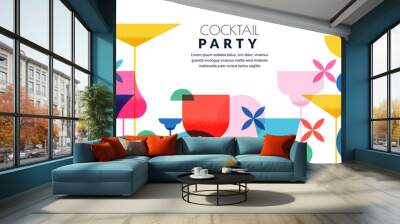 Cocktails party horizontal banner, poster, flyer template. Vector flat illustration. Abstract geometric color design. Alcoholic, non-alcoholic drinks cocktail menu, bar elements on white background Wall mural