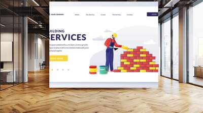 Construction worker lays house brick wall. House construction and building services banner design. Vector illustration Wall mural