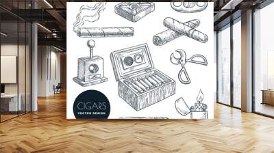 Cuban cigars and accessories vector vintage sketch illustration. Tobacco smoking icons set, isolated on white background Wall mural