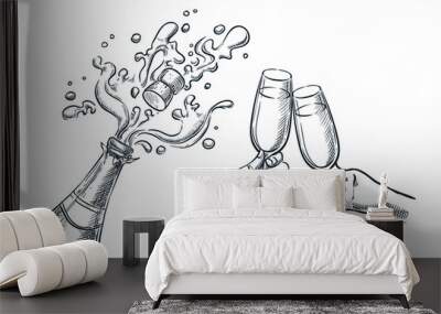 Explosion champagne bottle and two hands with drinking glasses. Sketch vector illustration. Wall mural