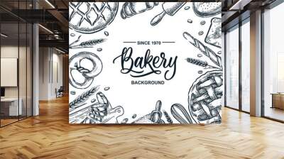 Fresh pastry and baking bread, croissant, bagel and bun. Vector hand drawn sketch illustration isolated on white background. Bakery menu, banner, poster design elements Wall mural