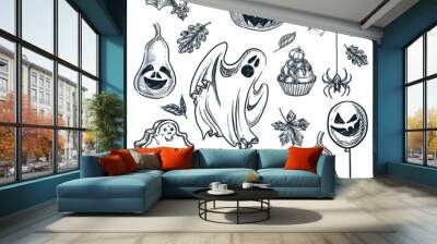 Halloween design elements. Vector hand drawn sketch illustration. Holiday pumpkins, tombstone, ghost, bat, spider on web Wall mural