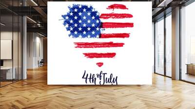 Happy 4th of July, USA Independence Day. Hand drawn calligraphy lettering, american watercolor flag. Vector illustration Wall mural