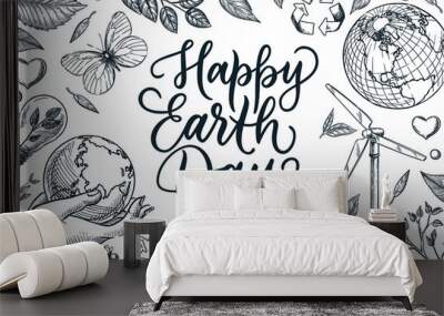 Happy Earth Day banner poster with calligraphy lettering. Vector sketch illustration of nature and ecology symbols Wall mural