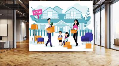 happy family with two kids move to their new house. vector flat cartoon illustration. relocation and Wall mural