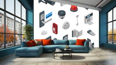 Home security systems vector 3d isometric icons and design elements. Smart technologies, safety house, control concept. Wall mural