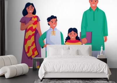 Indian family with two kids on white background. Father, mother, boy, girl in traditional clothing. Vector illustration Wall mural