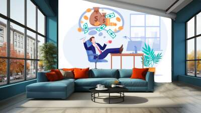 Investor thinks about money profit or investment income. Office worker dreams of passive income. Vector illustration Wall mural