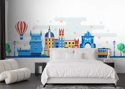 Lisbon cityscape with famous touristic landmarks. Vector flat illustration. Travel to Portugal banner design elements Wall mural