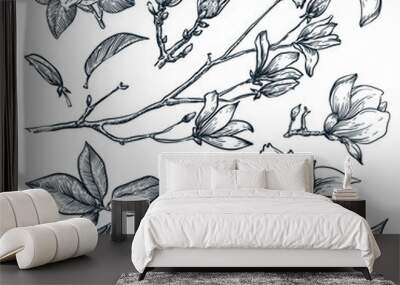 Magnolia blooming branch vector hand drawn sketch illustration. Beautiful spring plants and flowers Wall mural