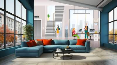 Modern business center interior background. People at work in office. Vector flat illustration of creative workspace Wall mural