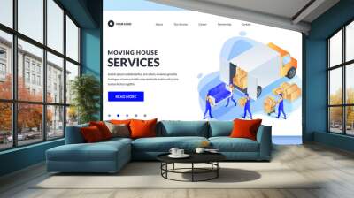 Move home, relocation concept. Workers of moving service load furniture into truck. Vector 3d isometric illustration Wall mural