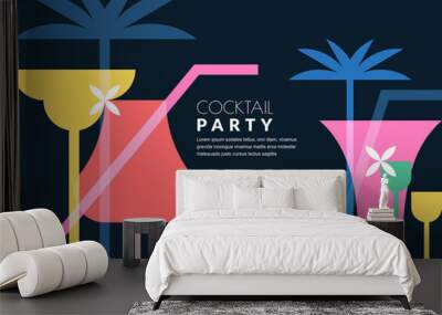 Night beach cocktails party banner, poster, flyer template. Summer tropical bar vector geometric illustration. Abstract color block flat background for alcohol list menu design Wall mural